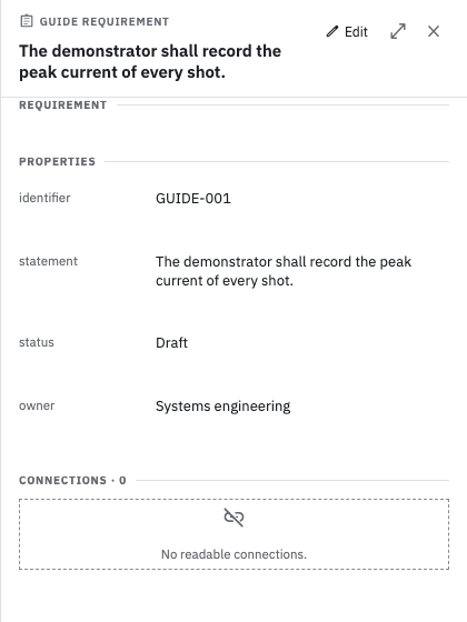 Rendered Guide Requirement detail panel showing identifier, statement, status and owner under the Requirement section, followed by an empty connections section.